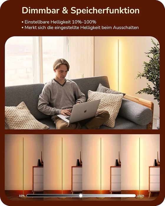 Златна LED подова лампа, димируема, 3000K, 146 см