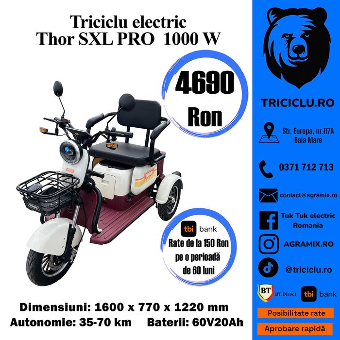Triciclu electric THOR SXL PRO 1000 W 60V 20Ah FARA PERMIS PRODUS NOU