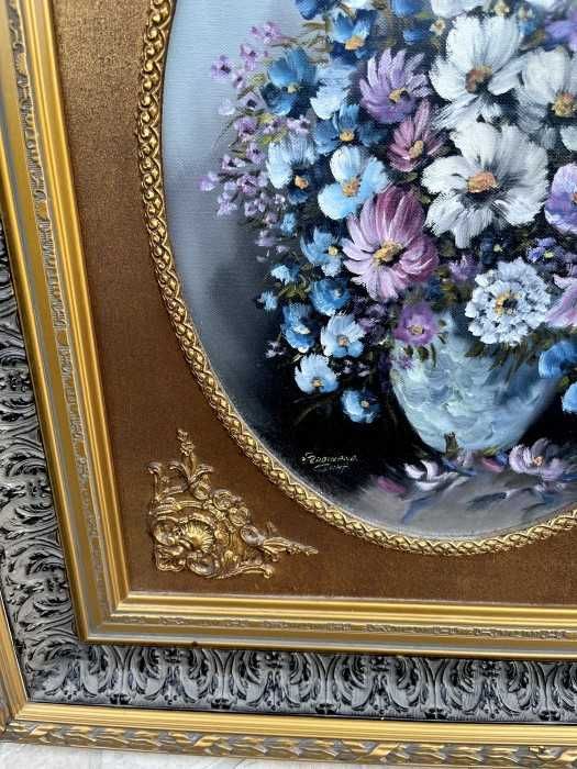 Superba pictura in ulei pe panza-Buchet floral-rama baroc in foita aur-Franta
