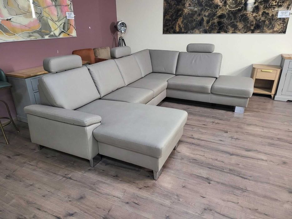 ПРОМОЦИЯ!!!Бежов П-образен ъглов диван от плат Sambia с функция сън