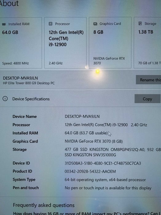 Геймърски i9 12900/RTX 3070/64gb рам/Nvme 1.5tb/HP Elite Tower 800 G9