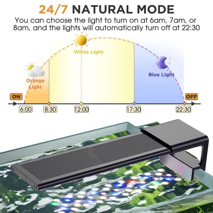 LED осветление за аквариум пълен спектър 10W 24/7 таймер  18–30см