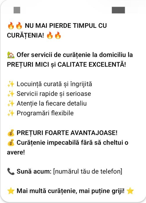 Ofer servicii de curățenie la domiciliu clientului