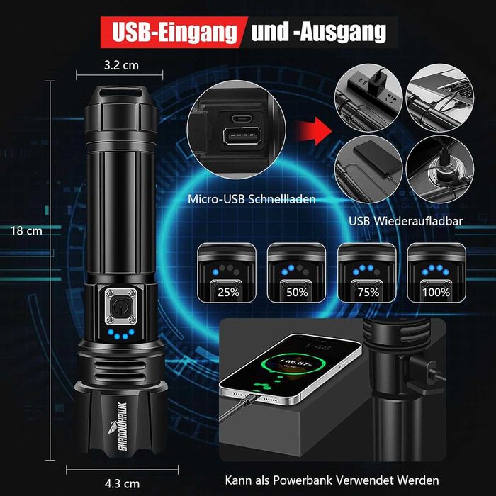 Shadowhawk Акумулаторен LED Фенер, 10000 Лумена, Водоустойчив IP67