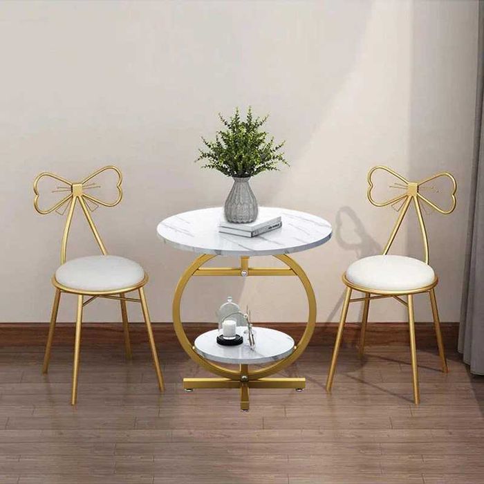 Masuta de cafea rotunda cu design tip marmura, 2 nivele de depozitare