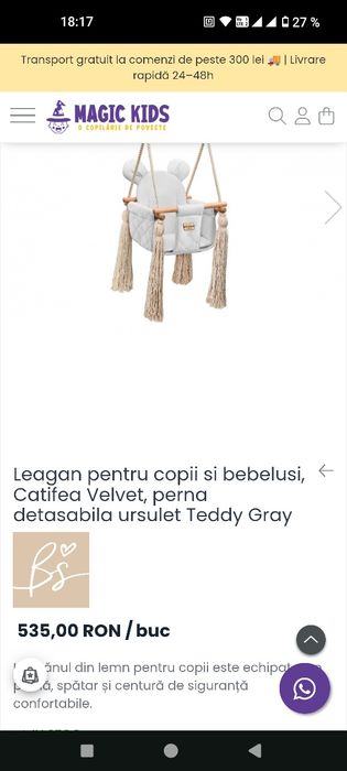 Leagan pentru copii si bebelusi, Catifea Velvet, perna detasabila ursu