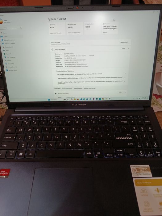 Laptop ASUS Vivobook 15 - AMD Ryzen 7 5600HS,  16GB RAM, 512GB SSD, Windows 11