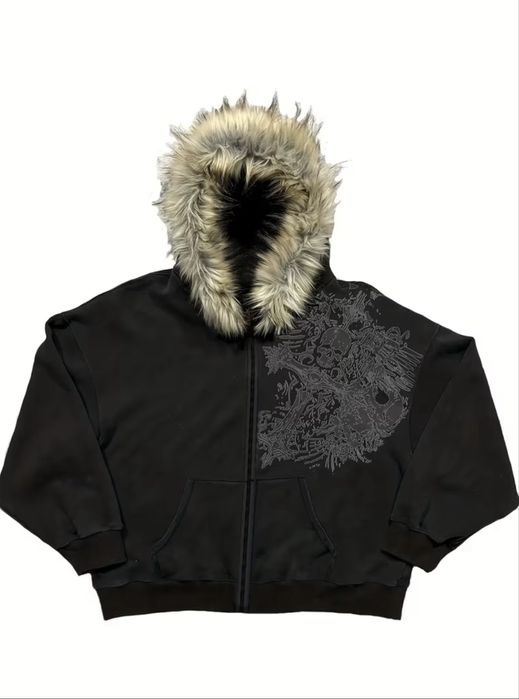 винтажный теплый худи для мужчин и женщин, меховой воротник, с принтом