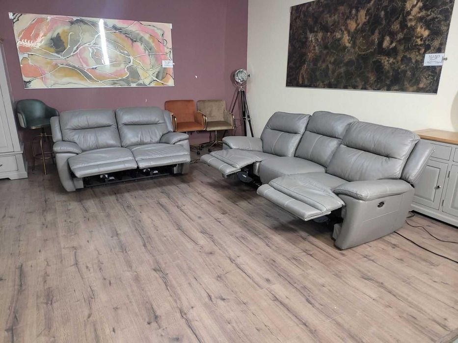 Сив кожен комплект дивани тройка и двойка с ел. релакс механизъм