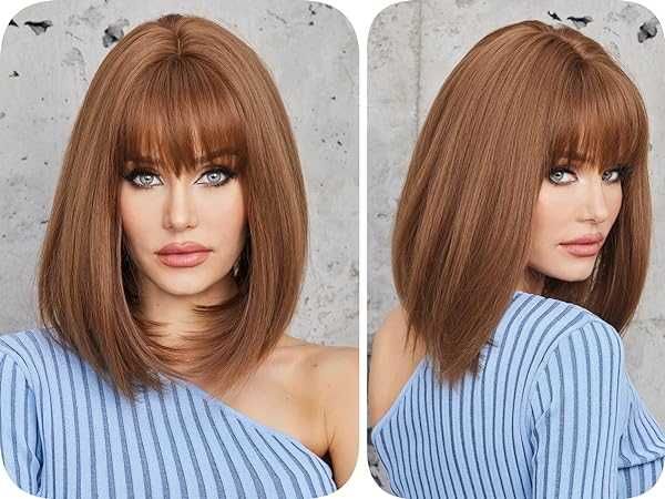 Кафява права синтетична перука с бретон - 35 см