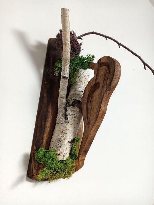 Декорация птици от бреза със скандинавски мъх -бухал, врабче,кълвач