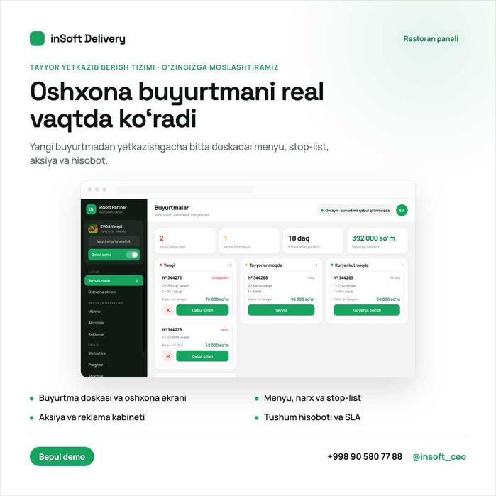 Dostavka uchun tayyor ilova — mijoz, kuryer, restoran, admin