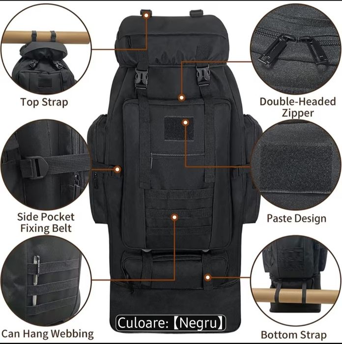 Rucsac Militar ,Negru/Tactic 80 /100 L /Multifunctional /Drumeții, Nou