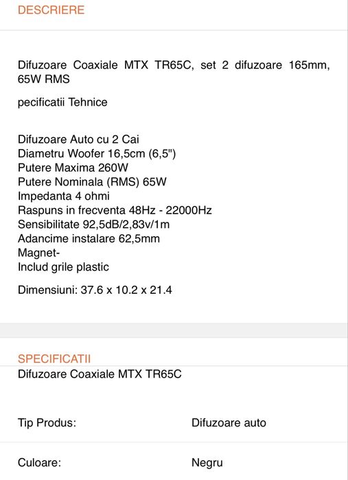 Difuzoare Coaxiale MTX TR65C, set 2 difuzoare 165mm, 65W RMS