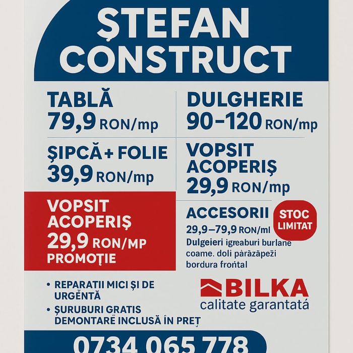 Țigla metalica acoperisuri reparații dulgherie etc.