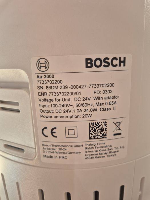 Пречиствател за въздух Bosch Air 2000 Wi-Fi, CADR 180 м3/ч, Предфилтър, HEPA H13 филтър, Филтър с активен въглен, Сензор за прах, Таймер, Бял