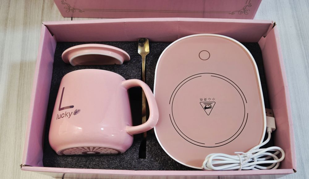 Set cana ceramica cu incalzire scris auriu Lucky 350 ml roz