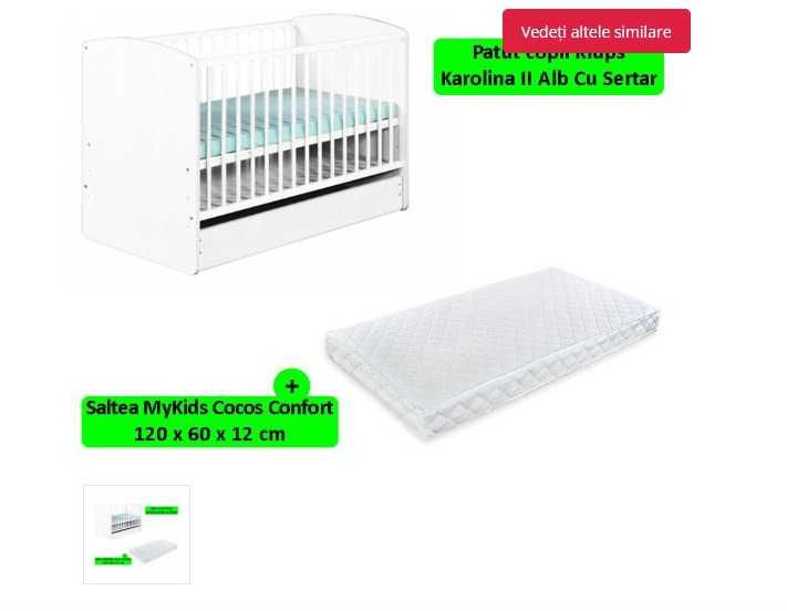 Patut cu sertar Klups Karolina II Alb + Saltea cocos 12 cm