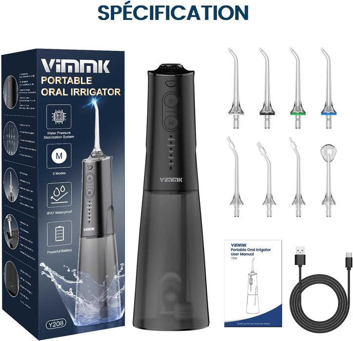 VIMMK Орален иригатор  за зъби с 5 режима на водно налягане и 8 сменяеми накрайника, акумулаторен и водоустойчив IPX7, резервоар 300 мл (БЯЛ)