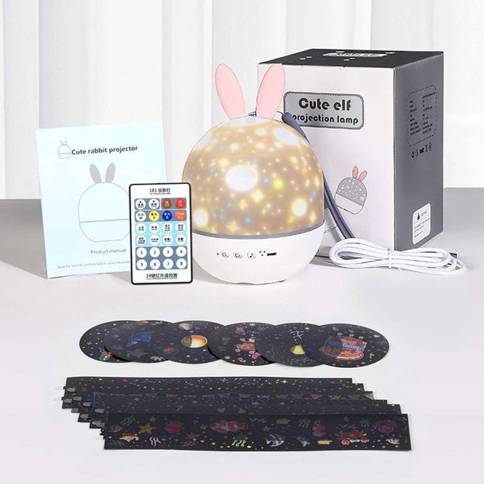 Нощна лампа за деца Планетариум, зайче с проектор и музика, Bluetooth