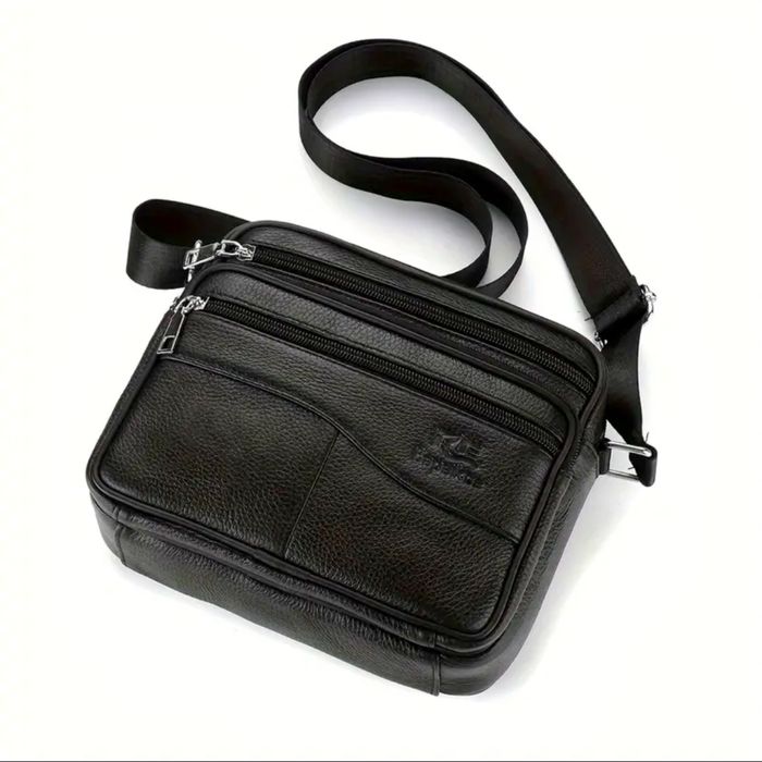 Мъжка кожена правоъгълна чанта за през рамо /Черна и кафява ест. кожа!