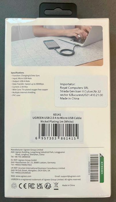 Cablul USB 2.0 la Micro USB UGREEN (60141) – 1 m - Fast Charge 2.4A - Alb