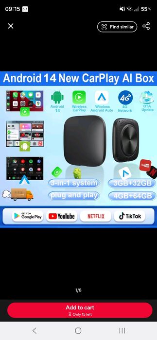 Cutie auto AI box android 14 wireless android auto și carplay cutie smart TV compatibilă cu youtube netflix accesorii auto sisteme inteligente