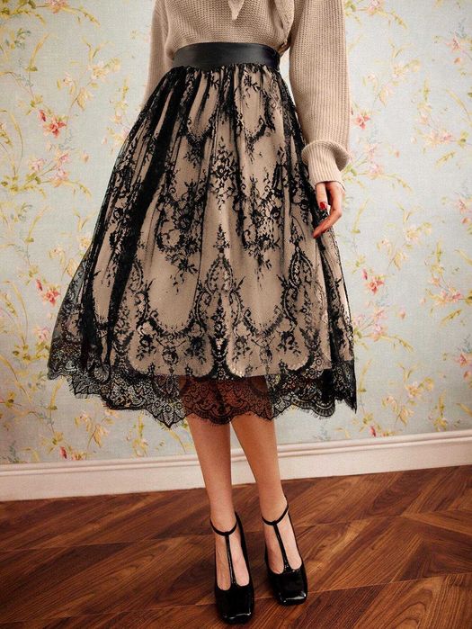 Пола дантела, Миди пола, Черна дантелена пола, Елегантна пола