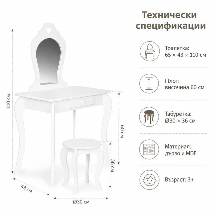 Комплект детска тоалетка с огледало и табуретка – розова и бяла.