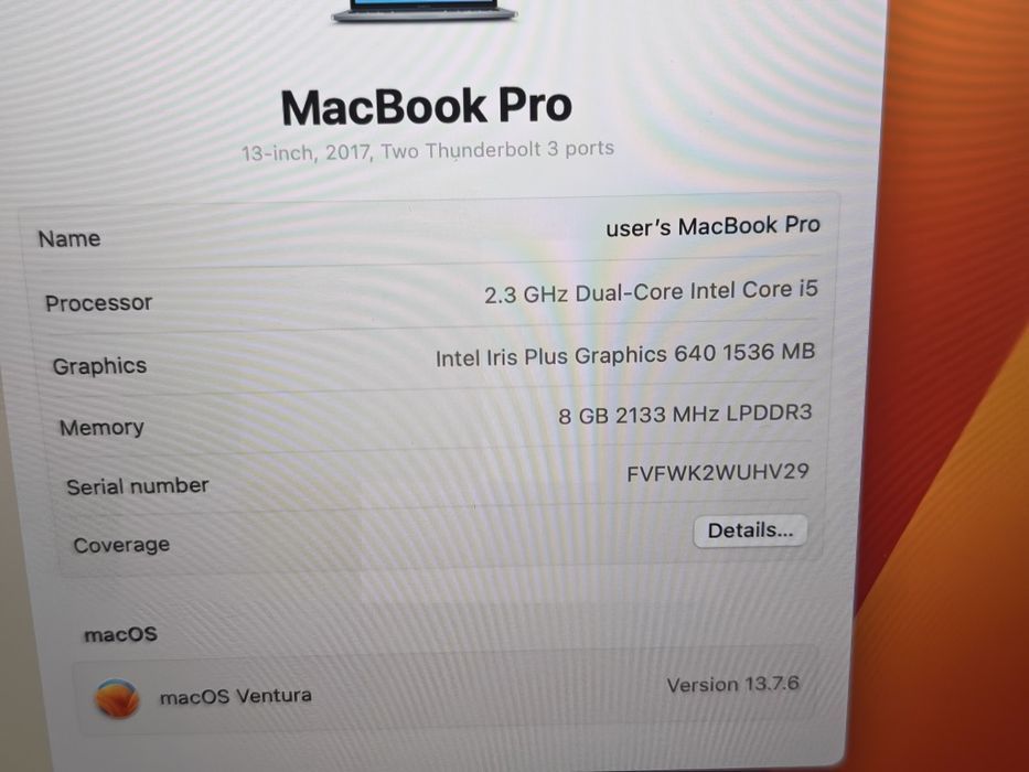 Macbook Pro 2017 8 GB RAM 256