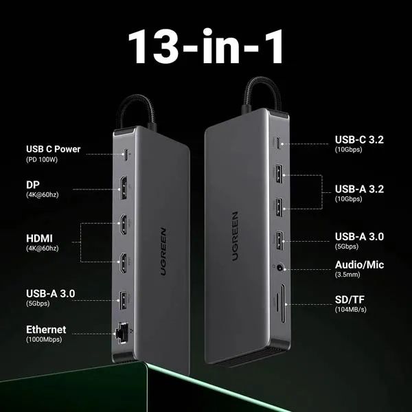 UGREEN Docking Station 13-в-1 USB-C Hub 4K 60Hz PD 100W RJ45