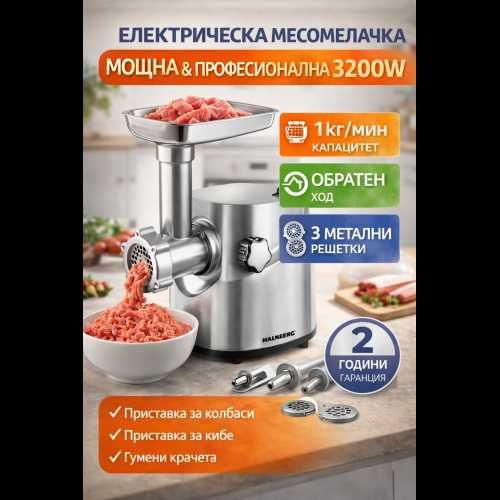 Електрическа месомелачка 3200W с метален корпус и пълен комплект приставки