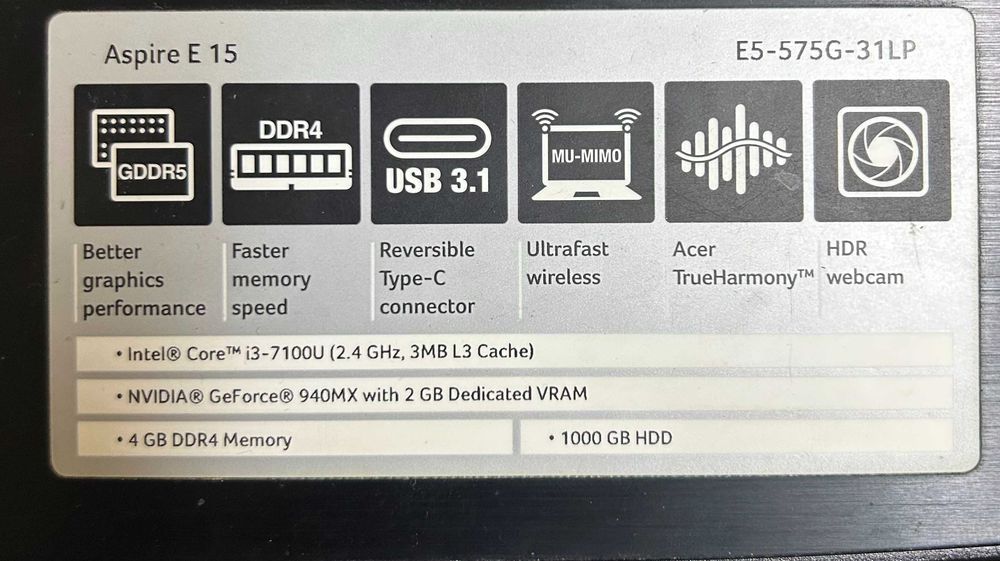 ACER Aspire E5-575G-31LP, 15.6" HD, 4GB, 1TB