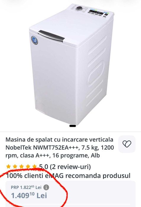 Masina de spalat cu incarcare verticala NobelTek NWMT752EA+++