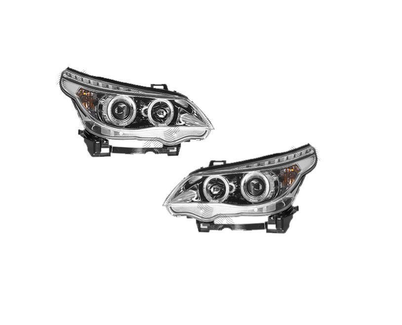 Set faruri Bmw Seria 5 (E60/E61), 06.2003-03.2007, fata, stanga+dreapta, cu optical-fiber parking light; H1+H1; electric; transparent, silver; cu motor; tuning;