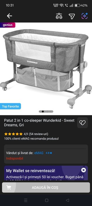 Vând Patut 2 in 1 co-sleeper Wunderkid - Sweet Dreams, Gri