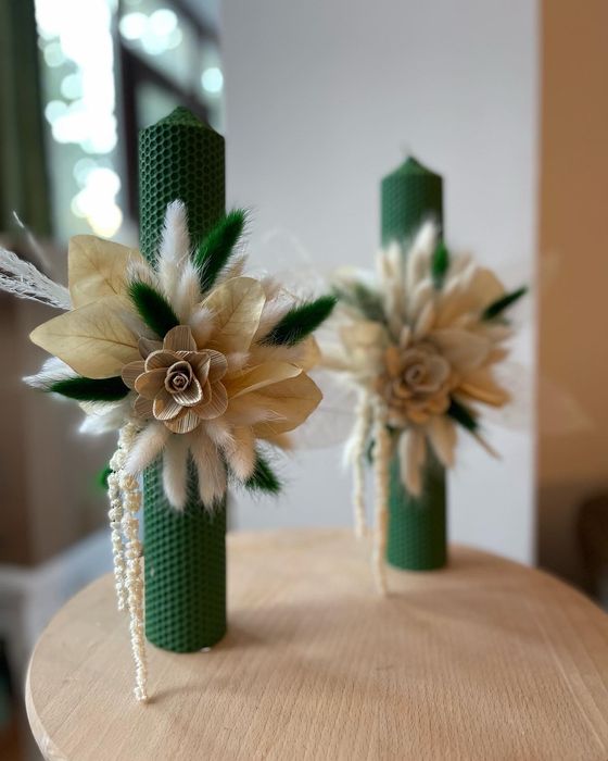 Lumânări de cununie din flori criogenate și plante uscate