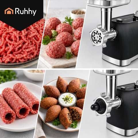 Eлектрическа месомелачка / Месомелачка с пълначка / Мелачка за месо 2400W – с реверс, 3 стоманени решетки и приставка за наденици
