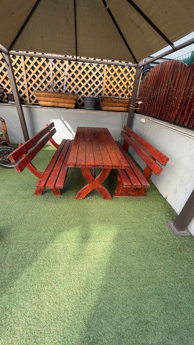 Set masa + 2 banci din lemn masiv pentru exterior (foarte solid)
