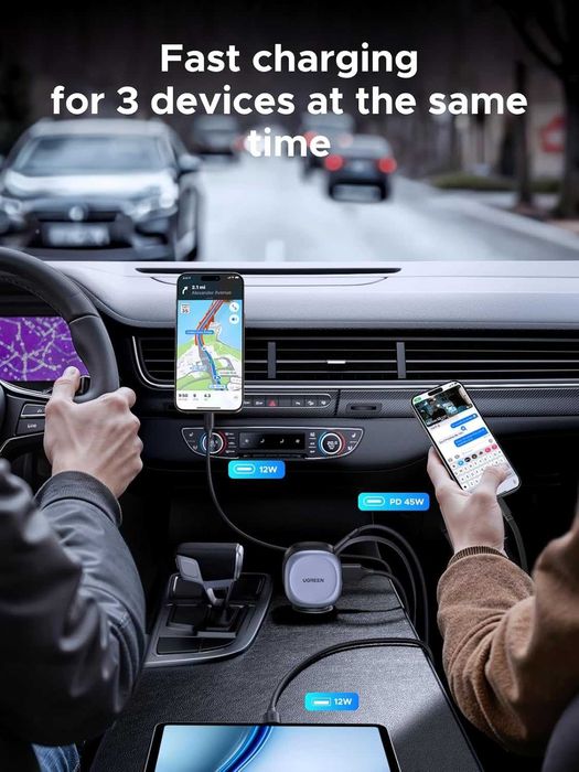 UGREEN 75W зарядно за автомобил, с интегриран прибиращ се кабел