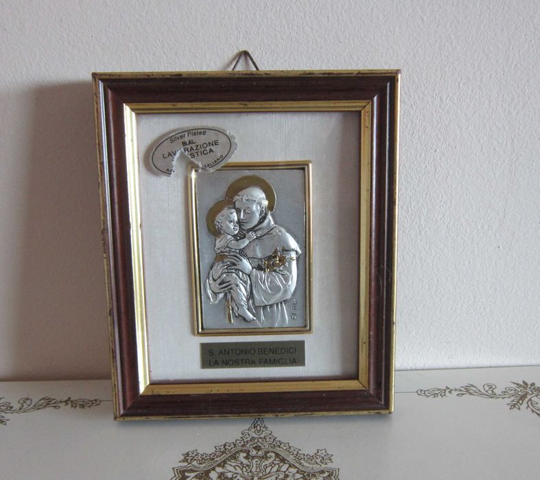 cadou rar Sf Anton de Padova 2xTablou Icoana placat argint Italia 1960