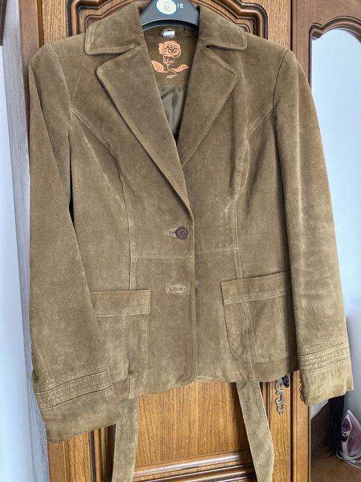 Haina dama din piele intoarsa, cu cordon in talie, noua