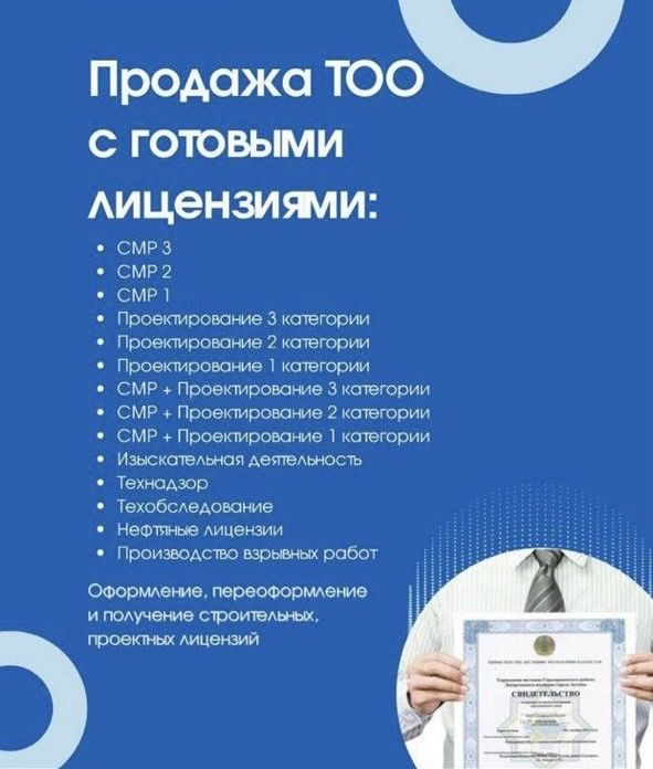 ТОО с готовыми ЛИЦЕНЗИЯМИ В продаже СМР 2 и ПД 2 полные подвиды