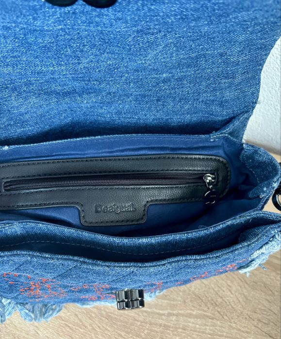 Geanta femei Desigual originala , denim cu franjuri si broderie