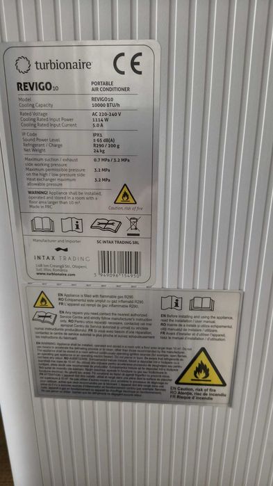 Aparat de aer conditionat portabil, Turbionaire Revigo 10, 10000 BTU, Clasa A, Eco, Flapsuri multi directionale Timer Sleep Dezumidificare