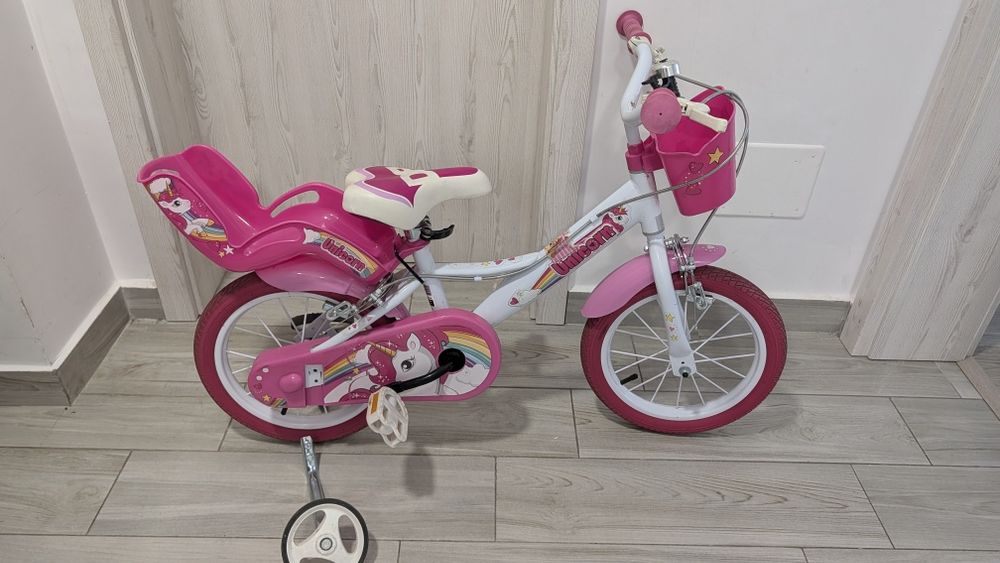Bicicletă 14 inch fete 4 5 6 7 ani Unicorn Roz Dino