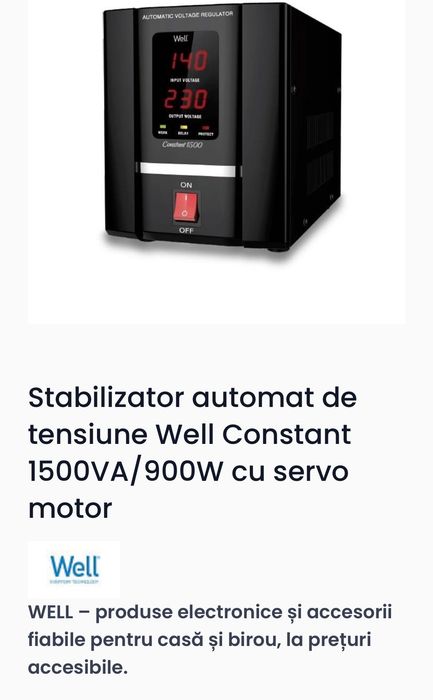 Stabilizator automat de tensiune Well Constant 1500VA/900W cu servo