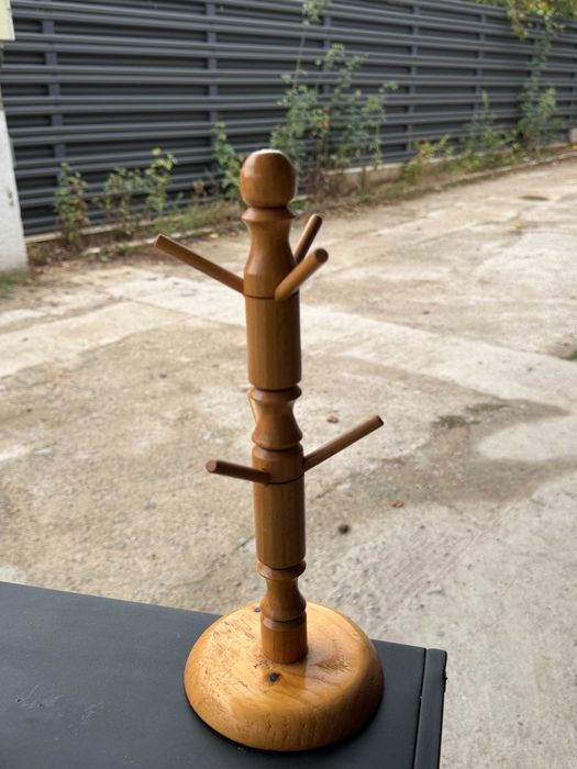Set rustic 6 cănițe ceramică albastră cu suport din lemn – Stare perfectă