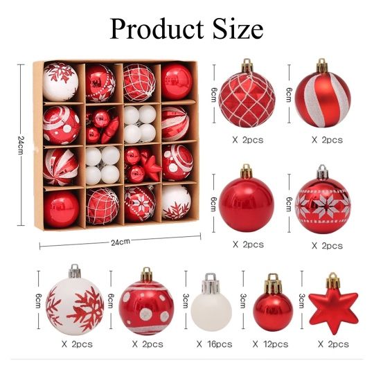 Set 42 globuri Crăciun roșii, diferite modele, 3–6 cm