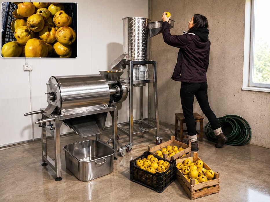 Linie productie suc natural din rosii, mere, pere, gutui - spalator, tocator, desamburitor, presa, pasteurizator electric cu umplere in sticle/pungi